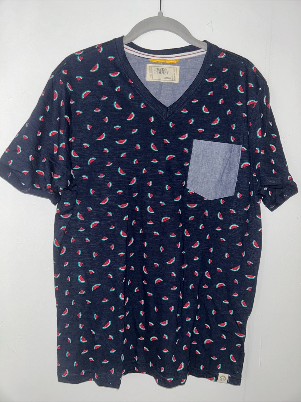 Free Planet Navy V-Neck Tee with Watermelon Slice Print and Contrast Pocket